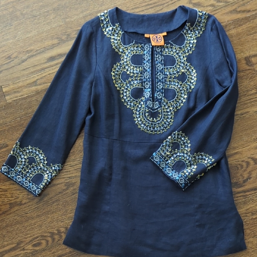 Tory Burch Navy Embroidered Top